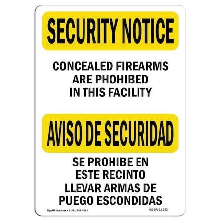 Signmission OSHA Security Sign, 12" Height, 18" Width, Rigid Plastic, No Concealed Carry Bilingual, Landscape OS-SN-P-1218-L-11582